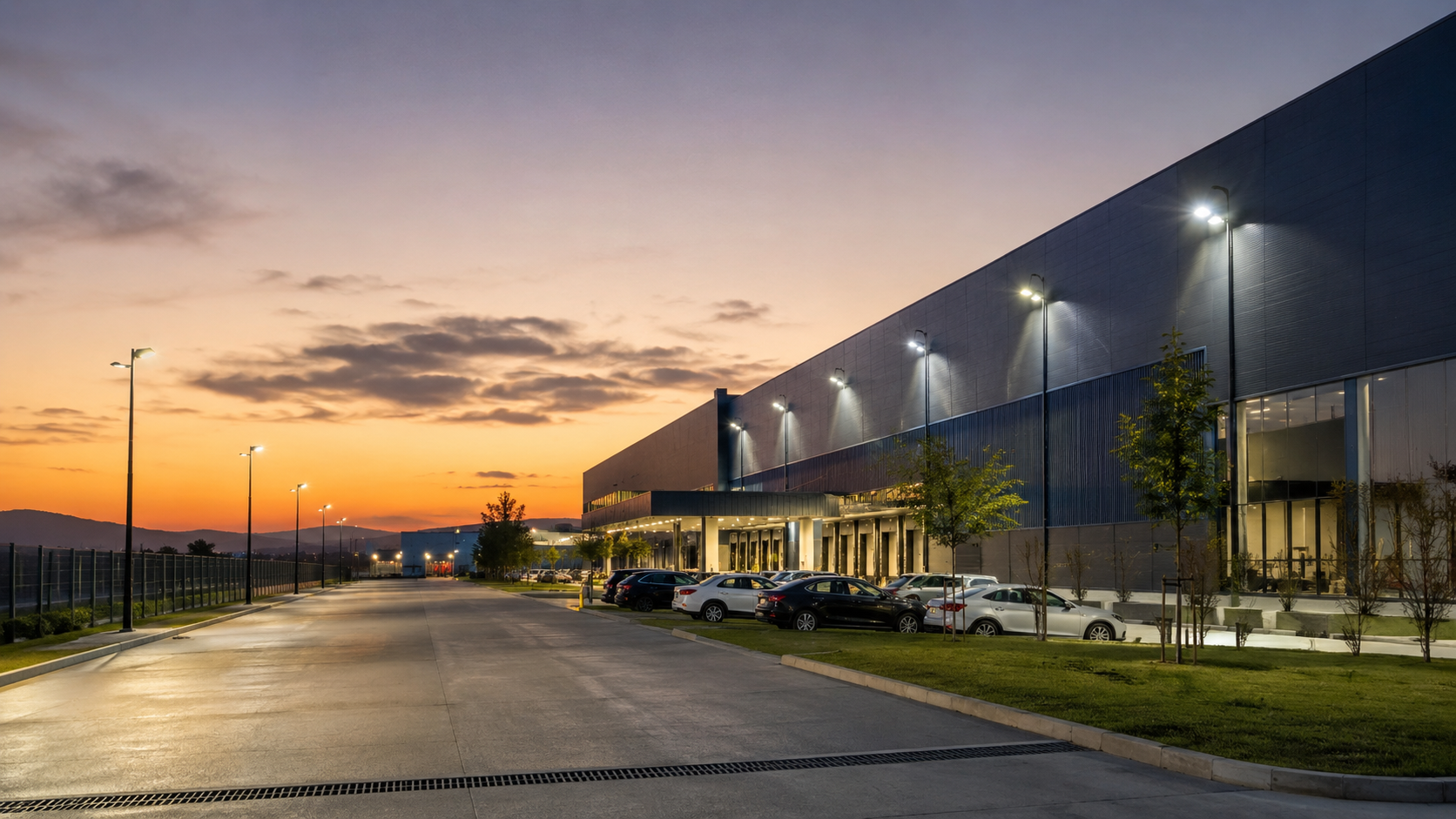 Complejo empresarial con iluminación LED en fachada, estacionamiento y accesos exteriores