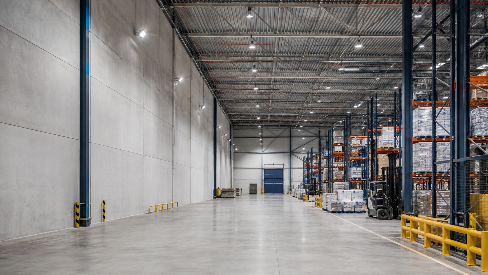 Bodega industrial con iluminación LED instalada en pasillos y áreas de almacenamiento